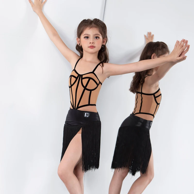 

Girls Latin Dance Performance Dresses Kids Samba Chacha Latin Dance Costumes Sleeveless Dancing Top Fringed Skirts SL10760