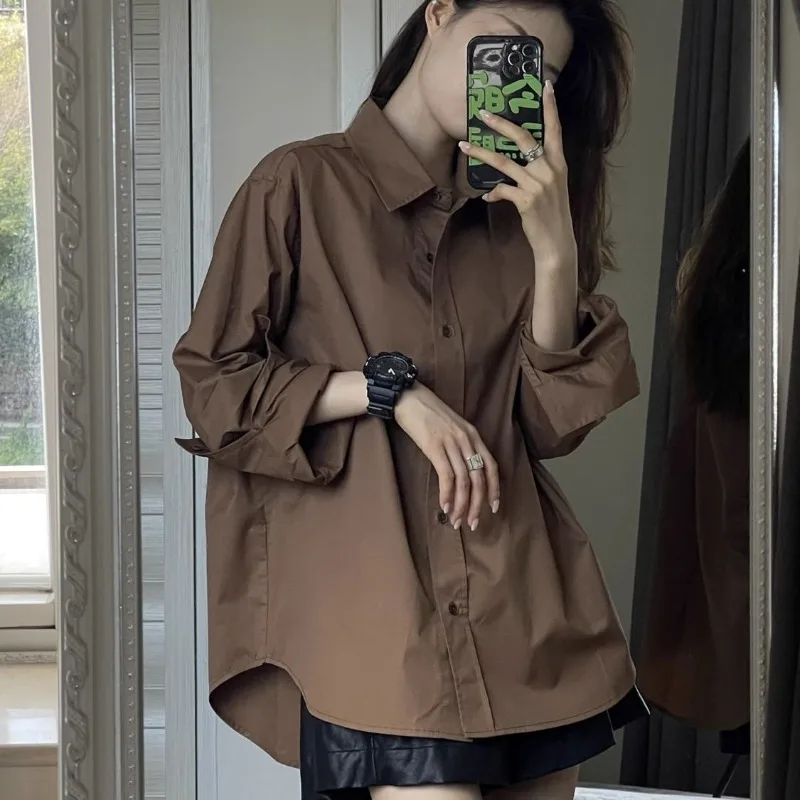 Maillard\'s Loose and Versatile Shirts Casual Coffee Colored Shirt Women\'s 2024 New Lazy Style Blouses Slimming Long Sleeved Top