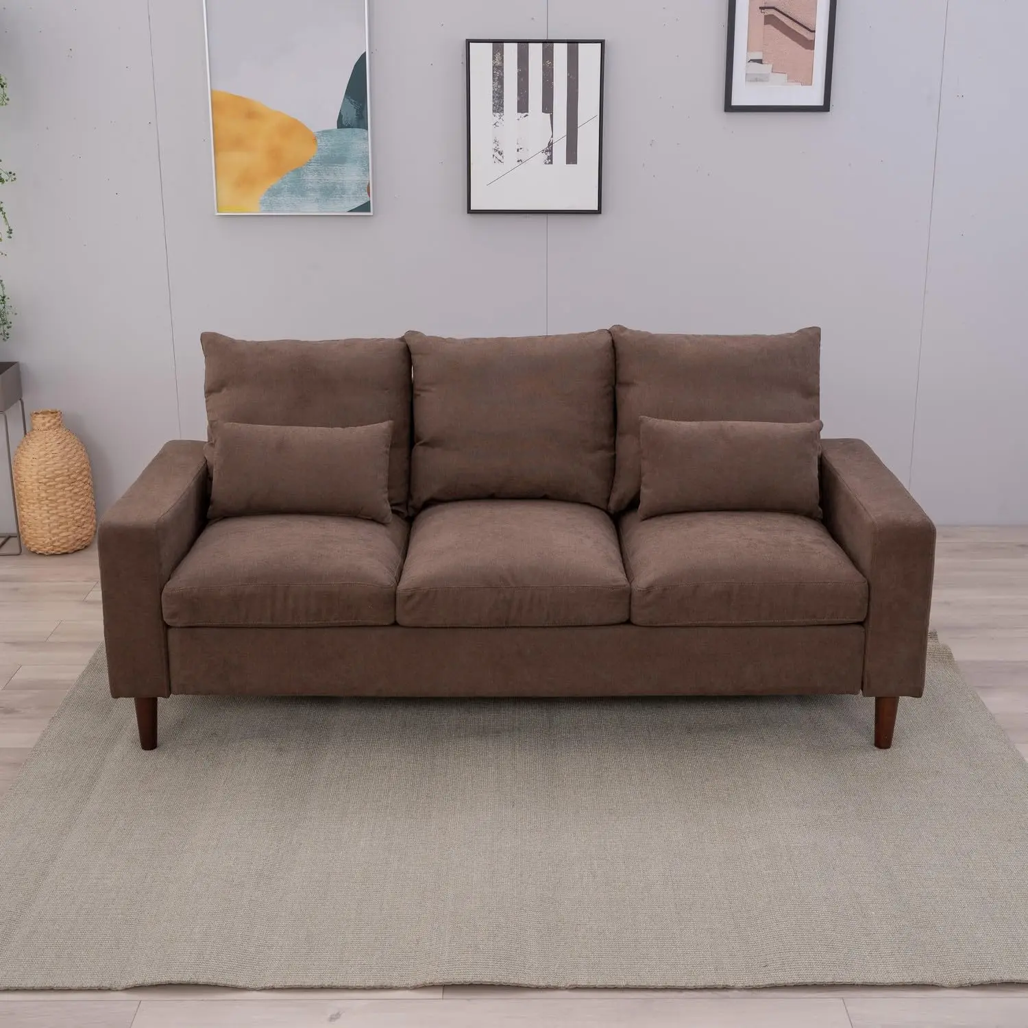 Modern 3-Seat Sectional Sofa with Wood Legs, Small Sofa for Living Room Bedroom, Brown Linen Track Arm, Customized