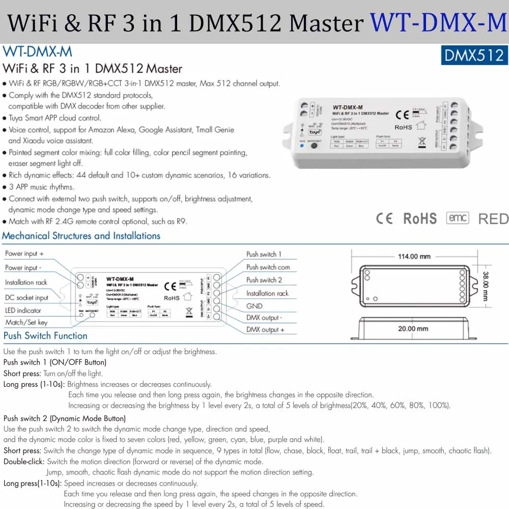 12-36VDC Tuya WiFi DMX512 Master 3 w 1 RGB/RGBW/RGB + CCT Pixel Bogate efekty dynamiczne z pilotem R9 dla Google Alexa Smart Life