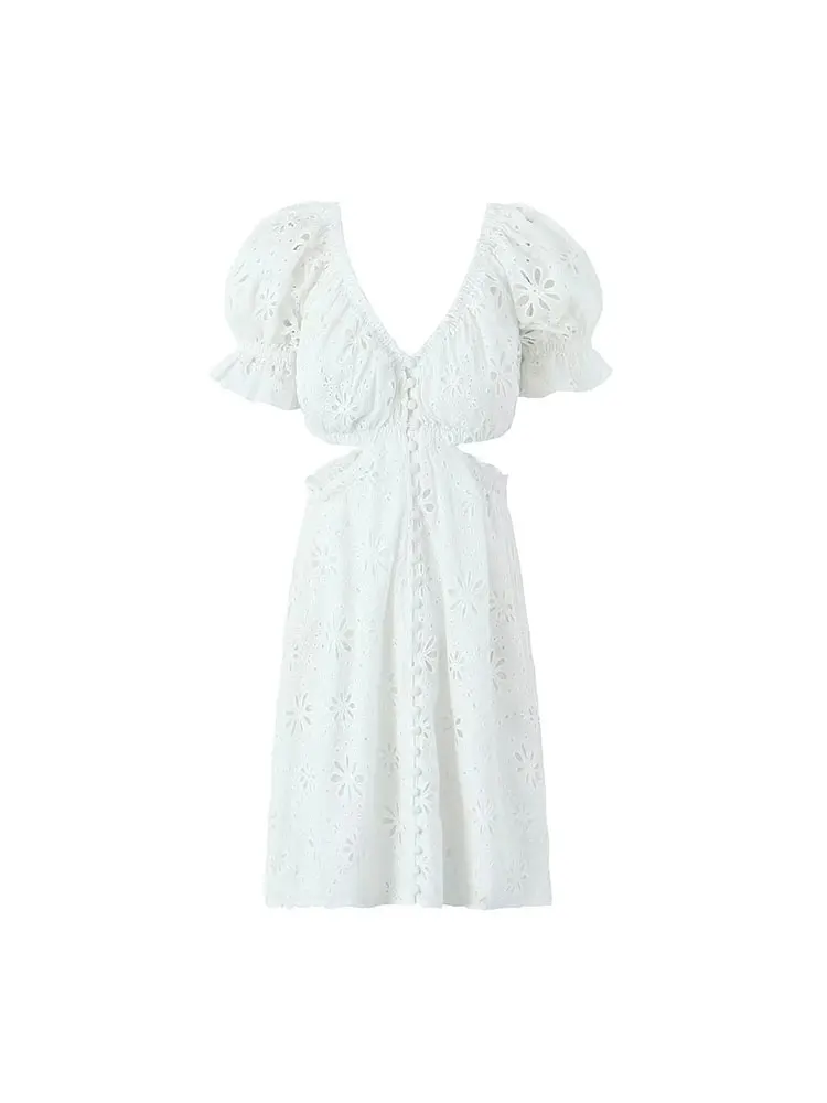 TRAF 2024 Summer Embriodery White Lace Dress Women New Hollow Out Beach Dress Puff Sleeve Backless Ruched Mini Dress Vestidos