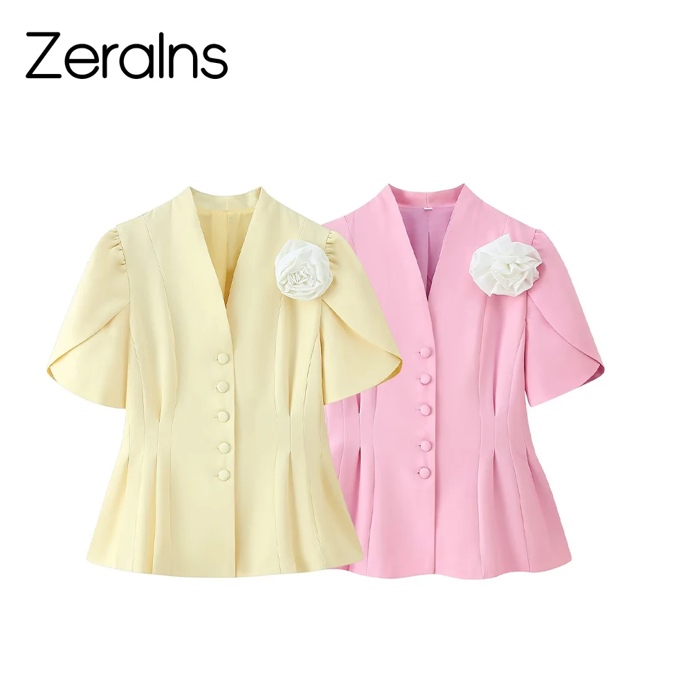 

ZERAINS Summer new women's handmade floral decoration waist cinching single breasted V-neck short sleeved suit jacket top