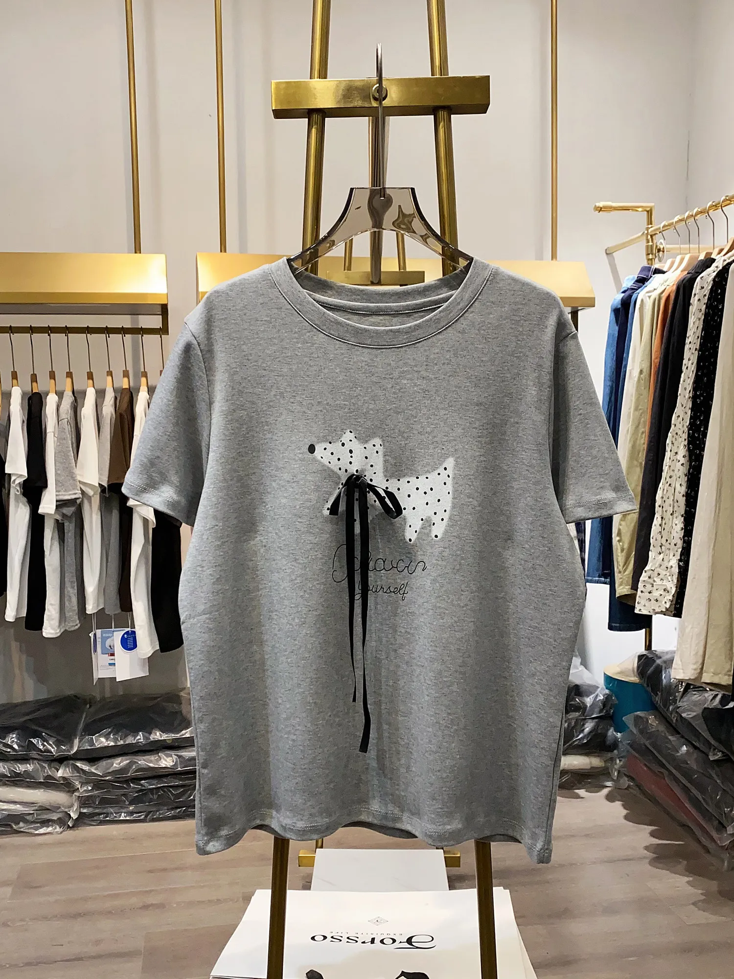 New Summer Polka Dot Puppy Print Bowknot T-shirt Fashionable Women's Round Neck Loose Slimming Versatile Casual Short Sleeve Top