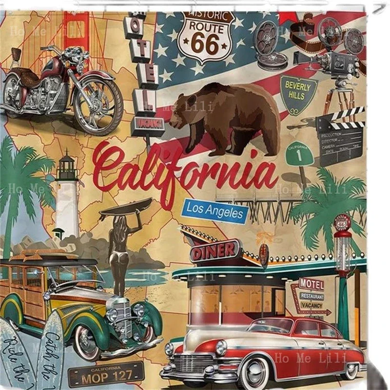 Route 66 Map Vintage Car California Bear Retro Tin Sign Collage Shower Curtain Waterproof Fabric For Home Decoration