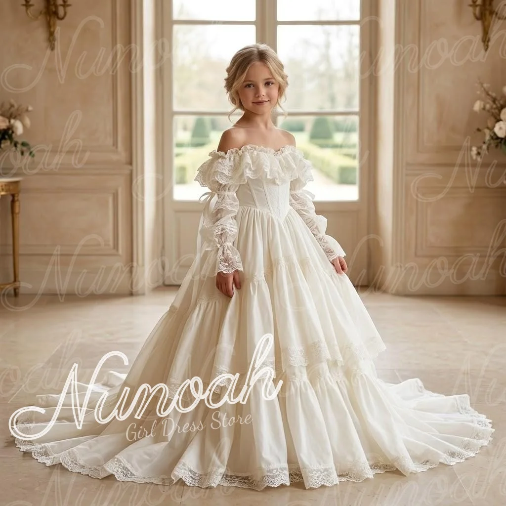 Ivory Flower Girl Dresses for Wedding Full Sleeves Floor Length Kids Baptism Formal Gown Girl First Communion Gowns Customized