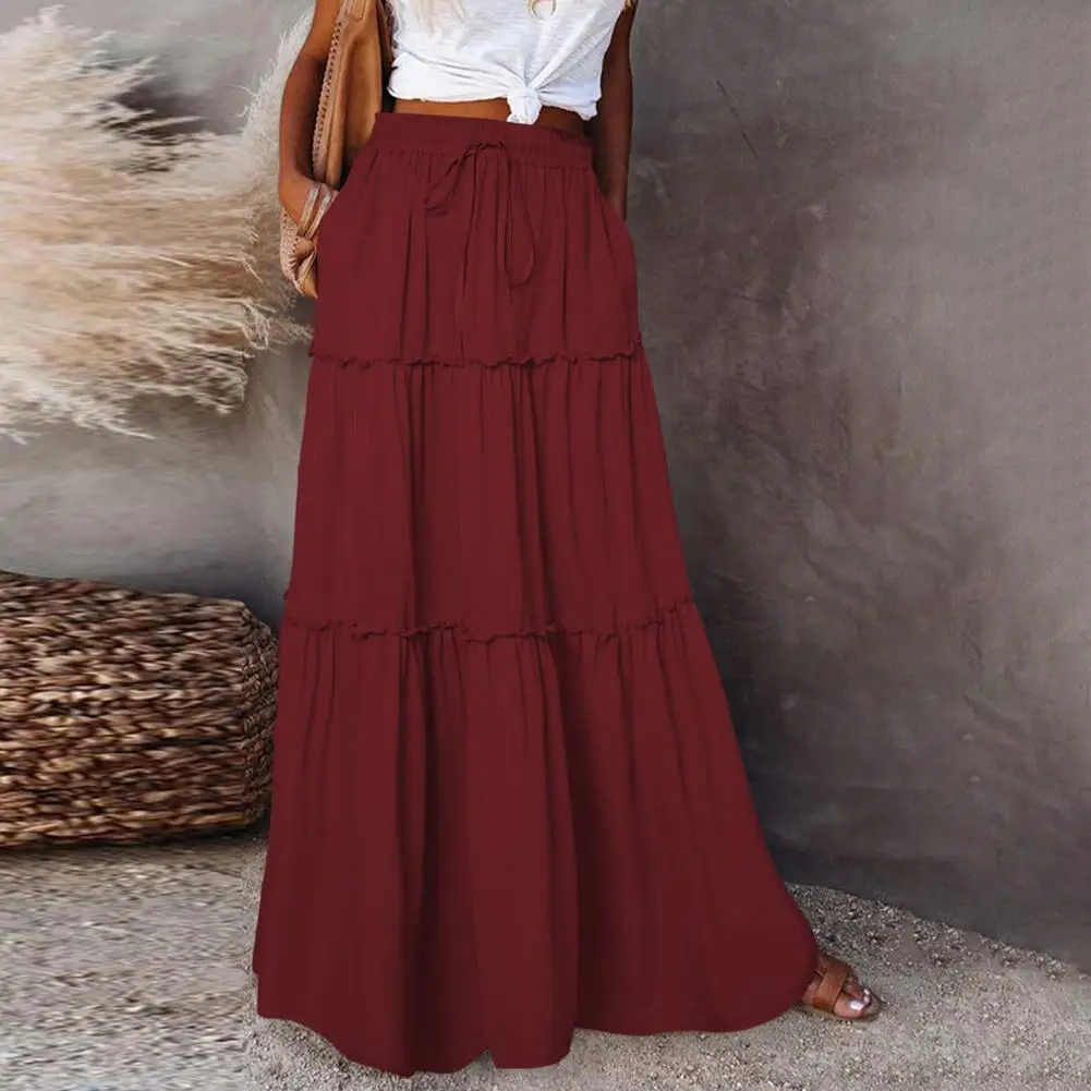 Women Maxi Skirt Elegant High Waist Maxi Skirt with Ruffle Detailing for Women Solid Color A-line Holiday Party Long Skirt