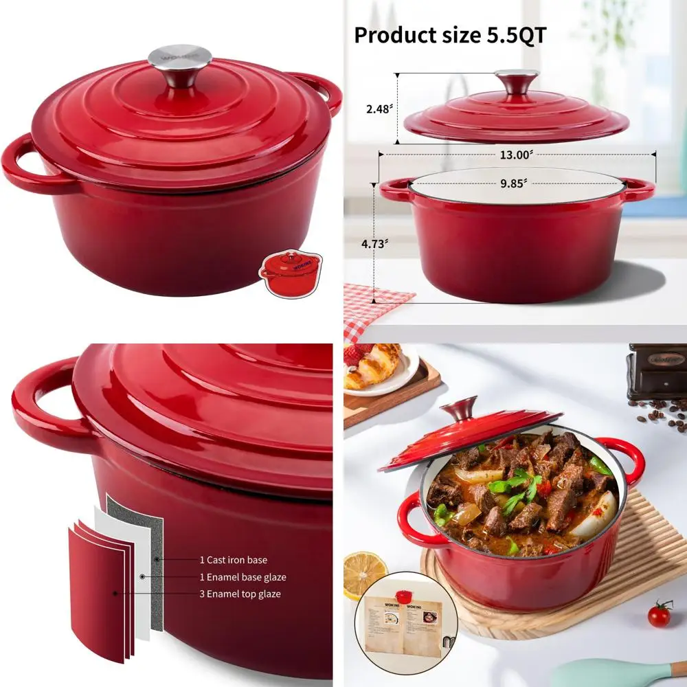 

Сверхмощная эмалированная чугунная голландская печь 5,5QT красного цвета — идеально подходит для выпечки хлеба, тушения, раковины, обжарки и многого другого