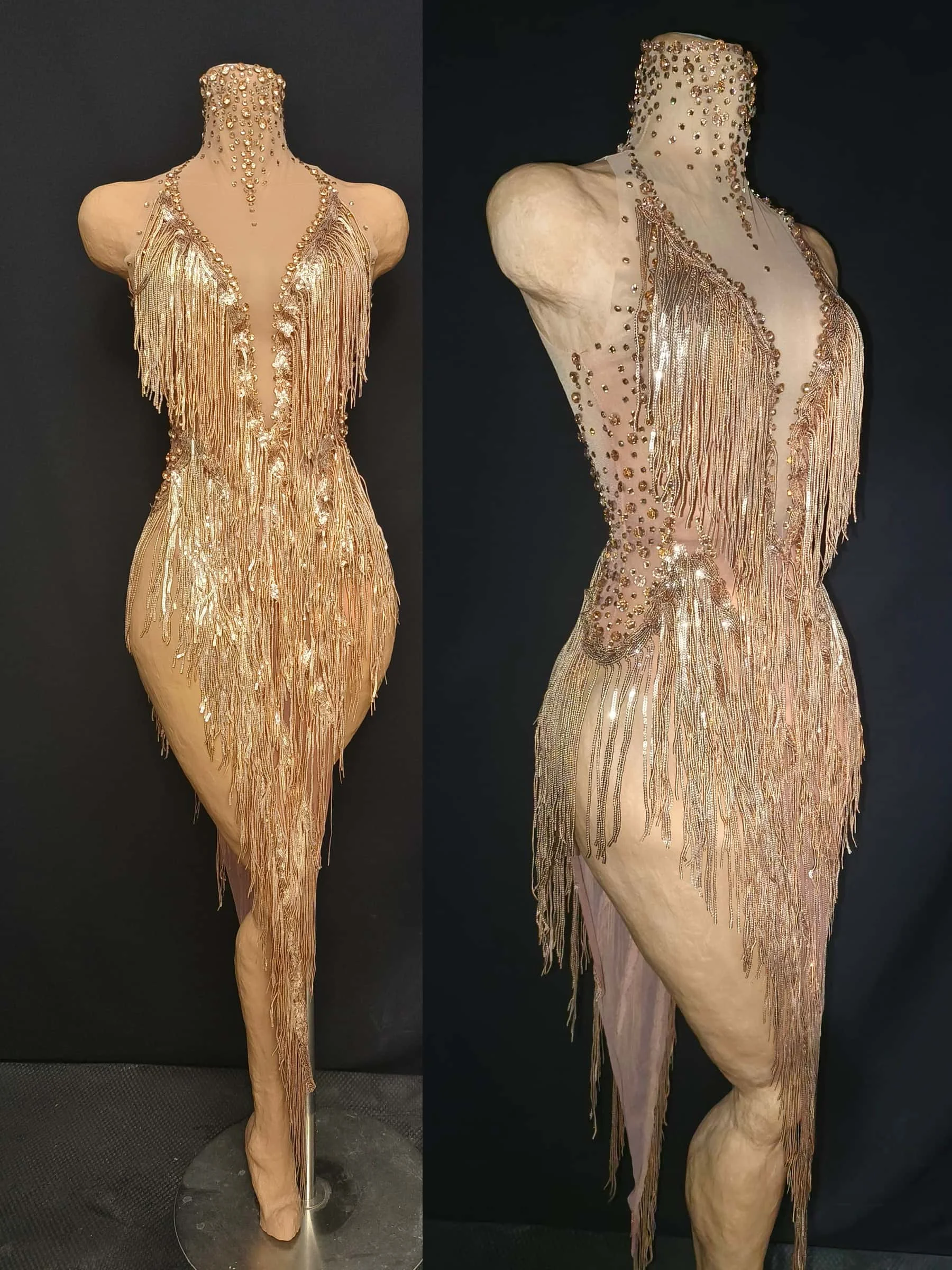 Tishen Sparkly Steentjes Lovertjes Kwastje Prom Jurken Sexy Vrouwen Latin Dance Outfits Bars Nachtclub Feestjurk Toneelkostuum