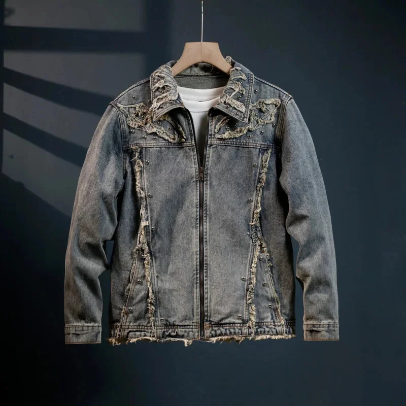 High-end heavy wash gradient gangster handsome denim jacket men's case American biker retro workwear