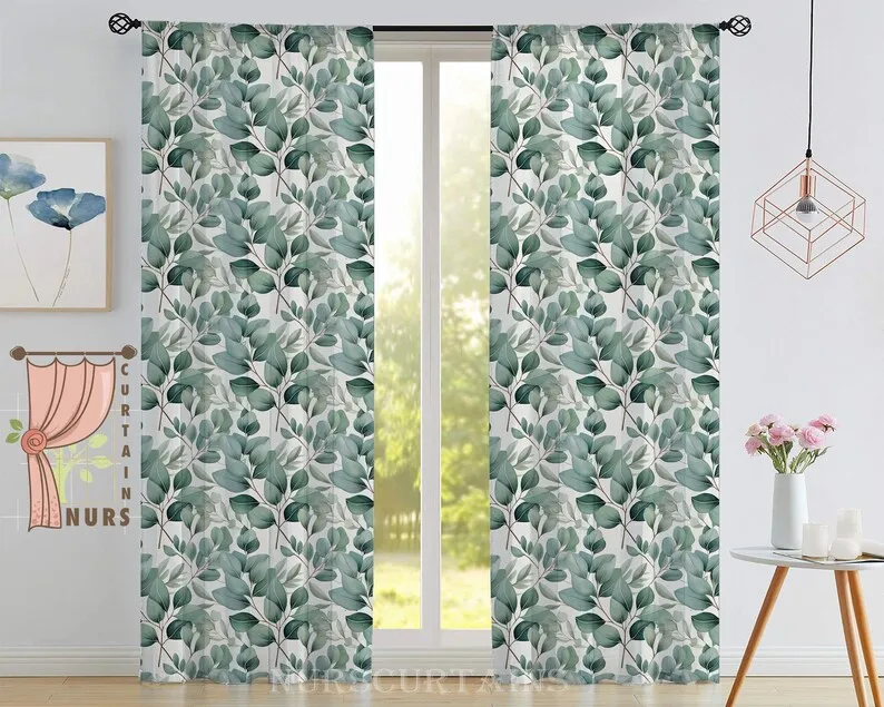 Botanical Leaf Print Blackout Curtain: Green Foliage Pattern