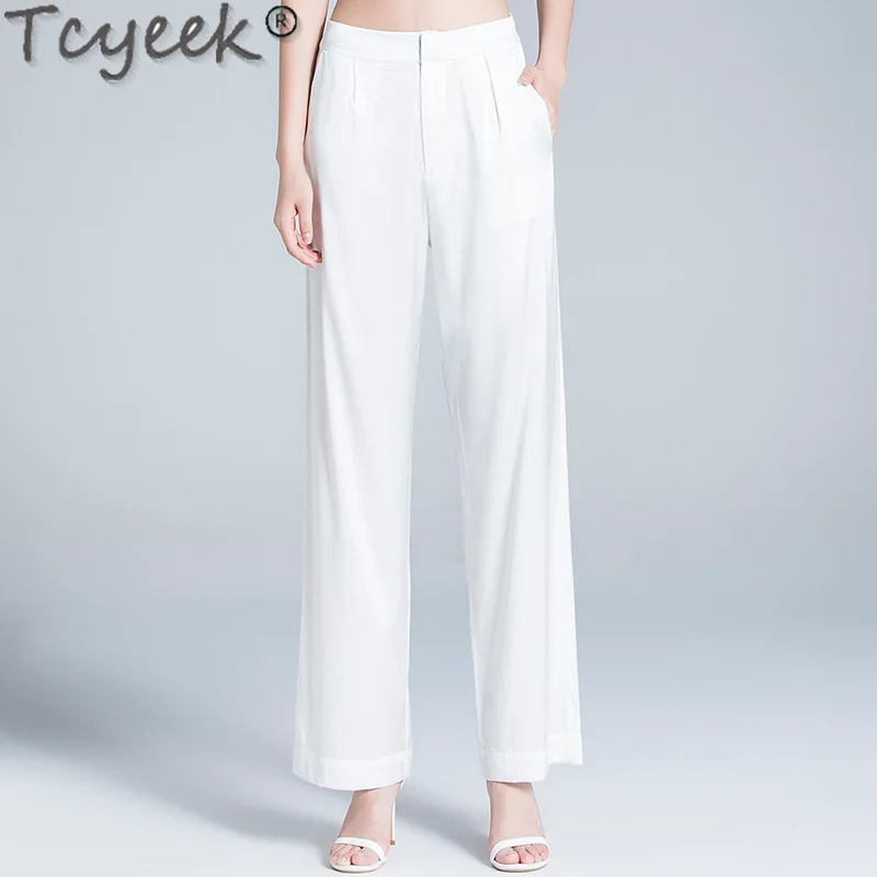 

Tcyeek 95% Mulberry Silk Long Pants Elegant High Waisted Pants Women Thin Style Wide Leg Pants Summer Woman Trousers Loose Fit