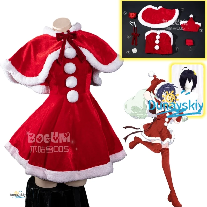 

Rikka Takanashi Christmas Cosplay Costume Santa Red Velvet Dress with Fluffy Trim Bow Cape Chuunibyou Demo Koi Ga Shitai Wig