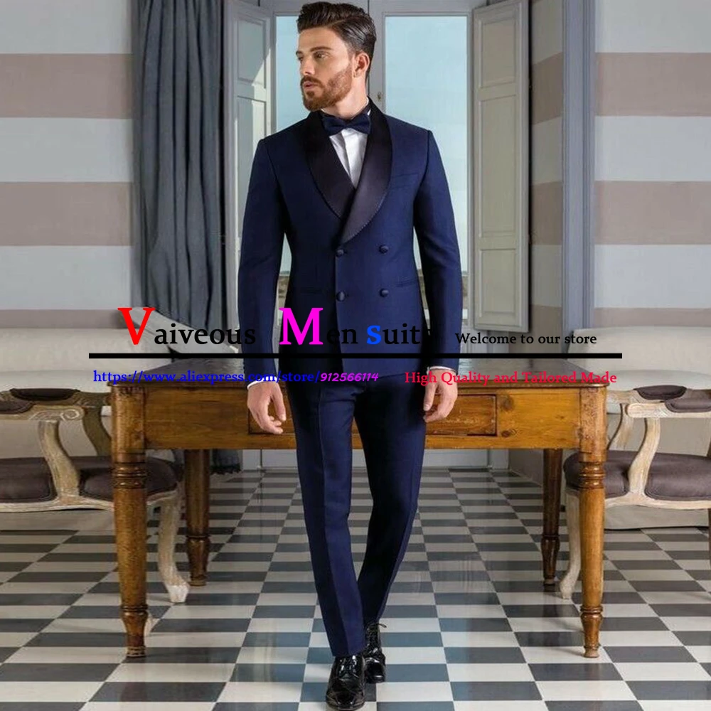 

Boutique Navy Blue Men's Suit Fashion Business Man Suit Slim Double Breasted Casual Groomsmen Tuxedos Two Piece Suits for Men