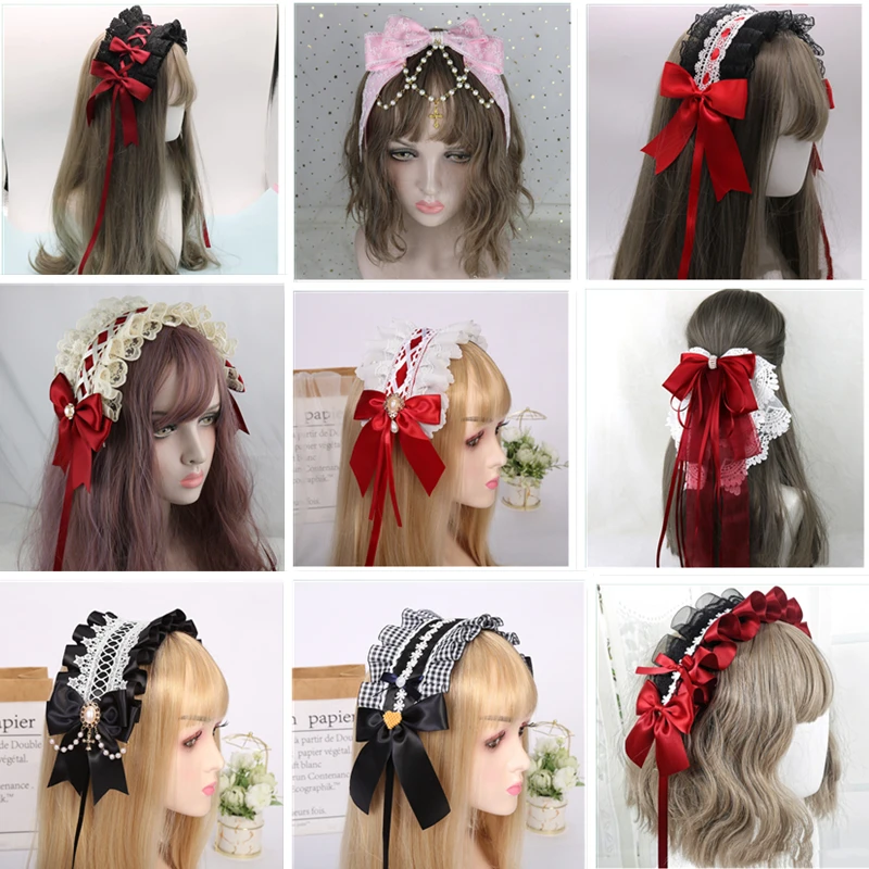 

30 Style Gothic Lolita Maid Women Girl's Cute Lace Headband Plush Ruffles Cat Ears Ribbon Bell Lolita Cosplay Kawaii Hair Hoop