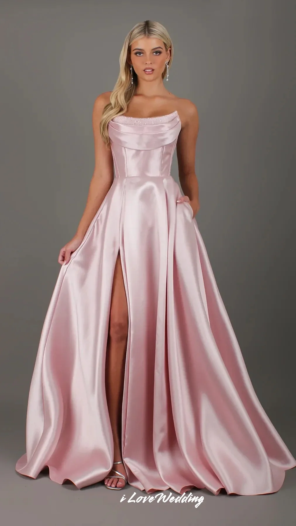 

Strapless Prom Dresses 2025 Satin Sleeveless Pleated A-Line Beaded Lace-Up Split Floor-Length Wedding Guest Dresses Customized