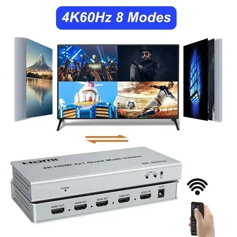 A31T 4K -Compatible Multiviewer Quad Screen 4x1 Multi Monitor Switcher PIP 90° 180° Flip 8 Display Modes EU Plug