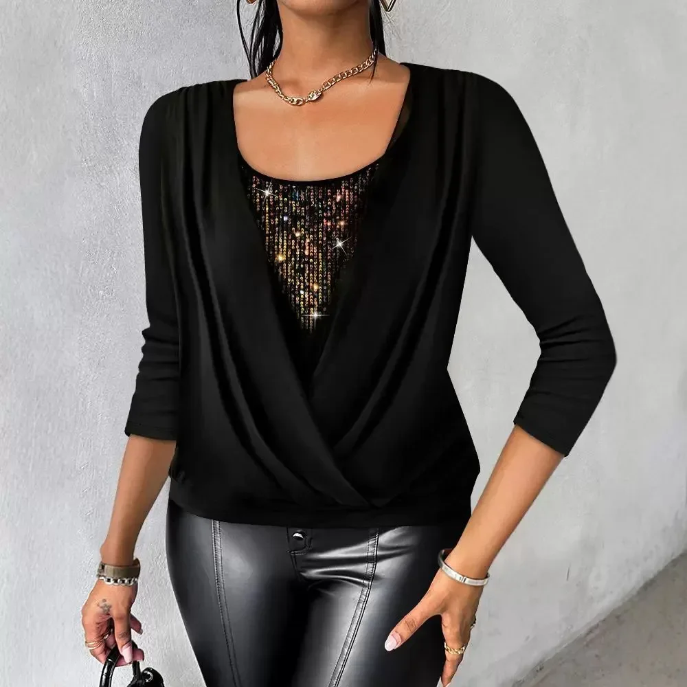

Женская модная повседневная футболка, блузка, топы, контрастный топ с капюшоном и блестками, рюшами и длинными рукавами Y2K