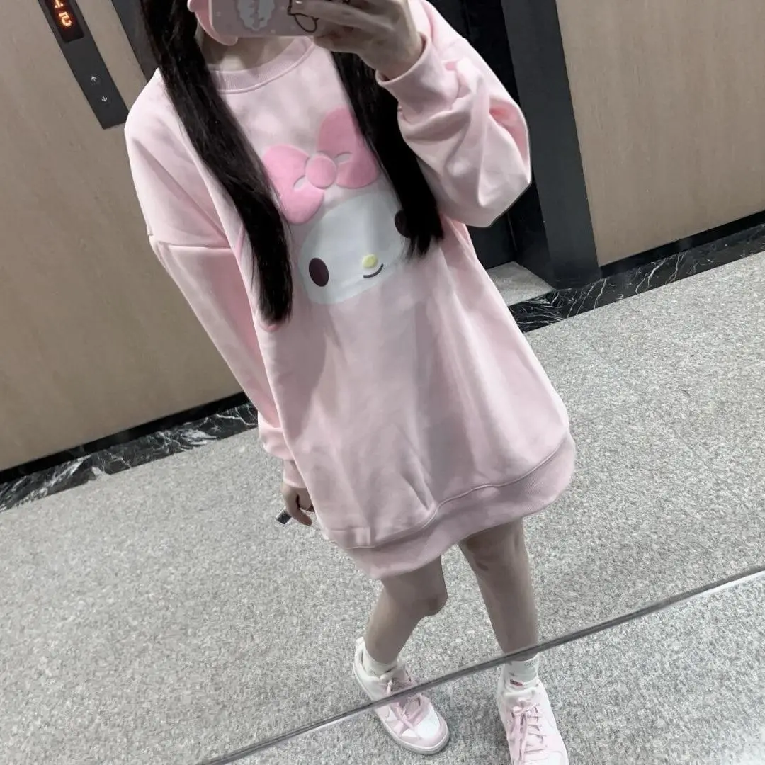 Sanrio Hello Kitty Printed Long Sleeved Oversized Loose Fit Casual Kawaii Fashionable Japanese Sweet Cute Soft Hoodie Top Gift