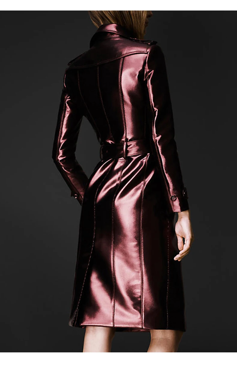 2024 Spring Autumn Long Shiny Reflective Patent Leather Trench Coat for Women Belt Double Breasted Cool European Fashion