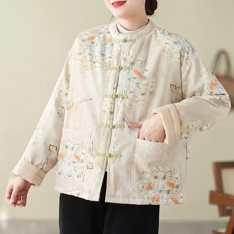 Chinese Style Cotton And Linen Printed Jacket For Women Autumn Winter Cotton Padded Coat Double Breasted Buttoned Top K2474