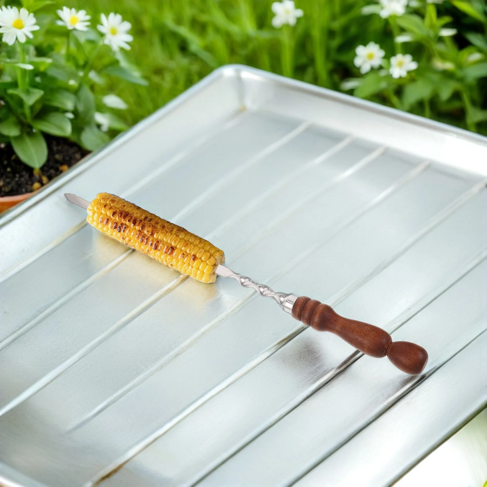 

2Pcs Stainless Steel Barbecue Skewers Heavy Duty Flat Wide Kabob Sticks Wood Handle Reusable Grill Tools for Camping Shrimp