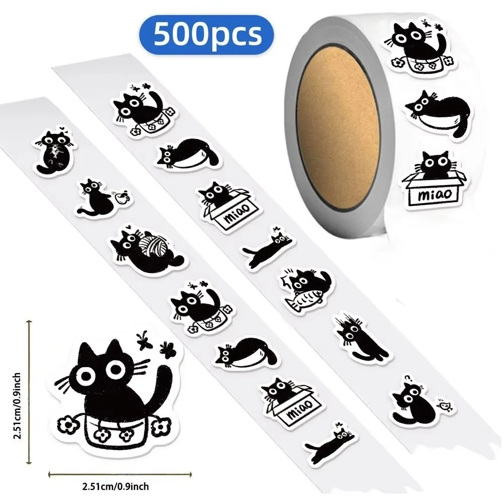 500 Stück/Rolle DIY schwarze Katze Aufkleber Cartoon Design kreative Muster Graffiti Aufkleber wasserdicht niedlichen Stil Rollenaufkleber