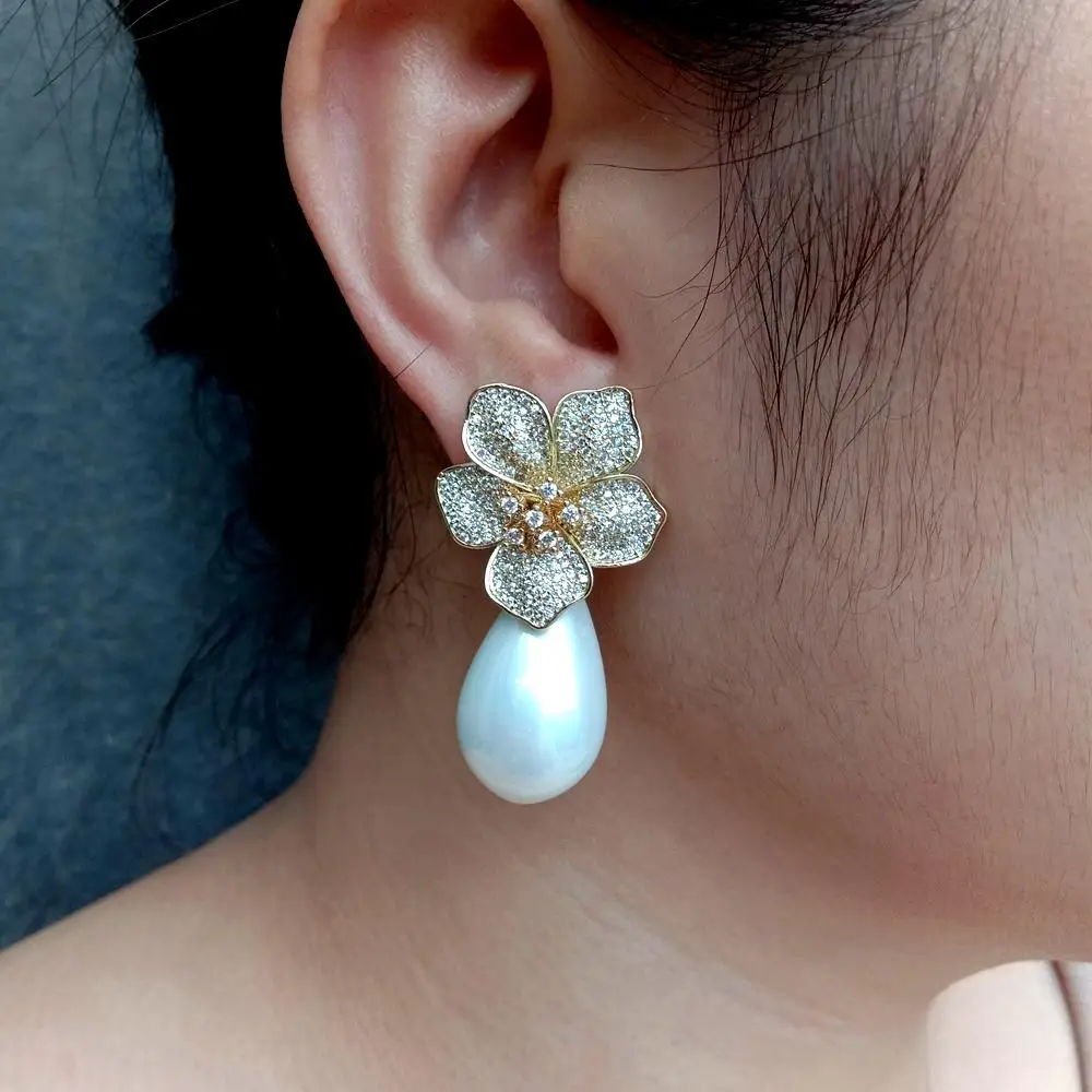 YYGEM 14x26mm White Sea Shell Pearl Teardrop Shape Drop CZ Pave Gold Plated Flower Stud Earrings