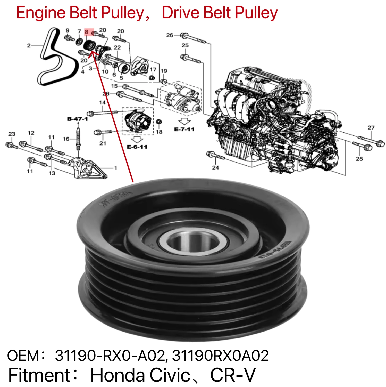 OEM 31190-RX0-A02 Engine Belt Idler Pulley Fit Honda Civic 2014-2015 CR-V 2012-2014