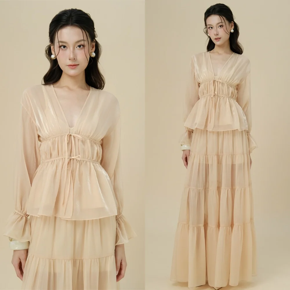 

Customized Romantic Evening Dresses Classic V-Neck Long Sleeves Homecoming Dresses Exquisite Sweep Train Vestido De Festa