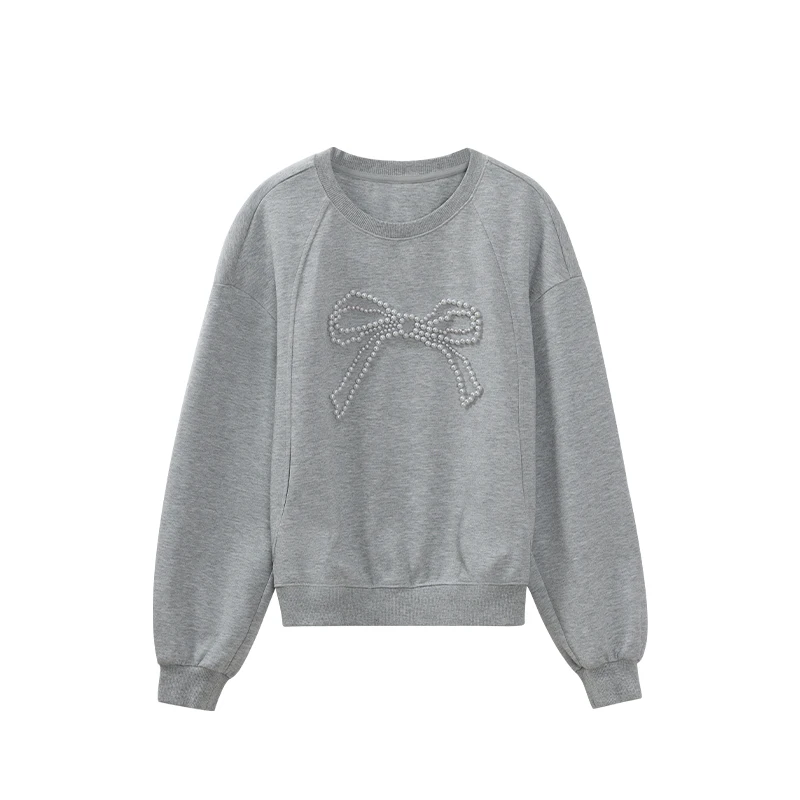 เสื้อสเวตเชิ้ตผู้หญิง ALXNAN สีเทา แต่งโบว์ประดับลูกปัด คอกลม ทรงหลวม แขนเสื้อแบบดรอปโชว์เดอร์ ผ้าฝ้าย แขนยาว รุ่น L57626 ปี 2025