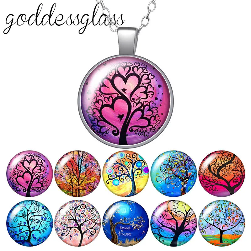 New Colorful Life of tree beauty drawings Round Photo Glass cabochon silver plated pendant necklace jewelry Gift