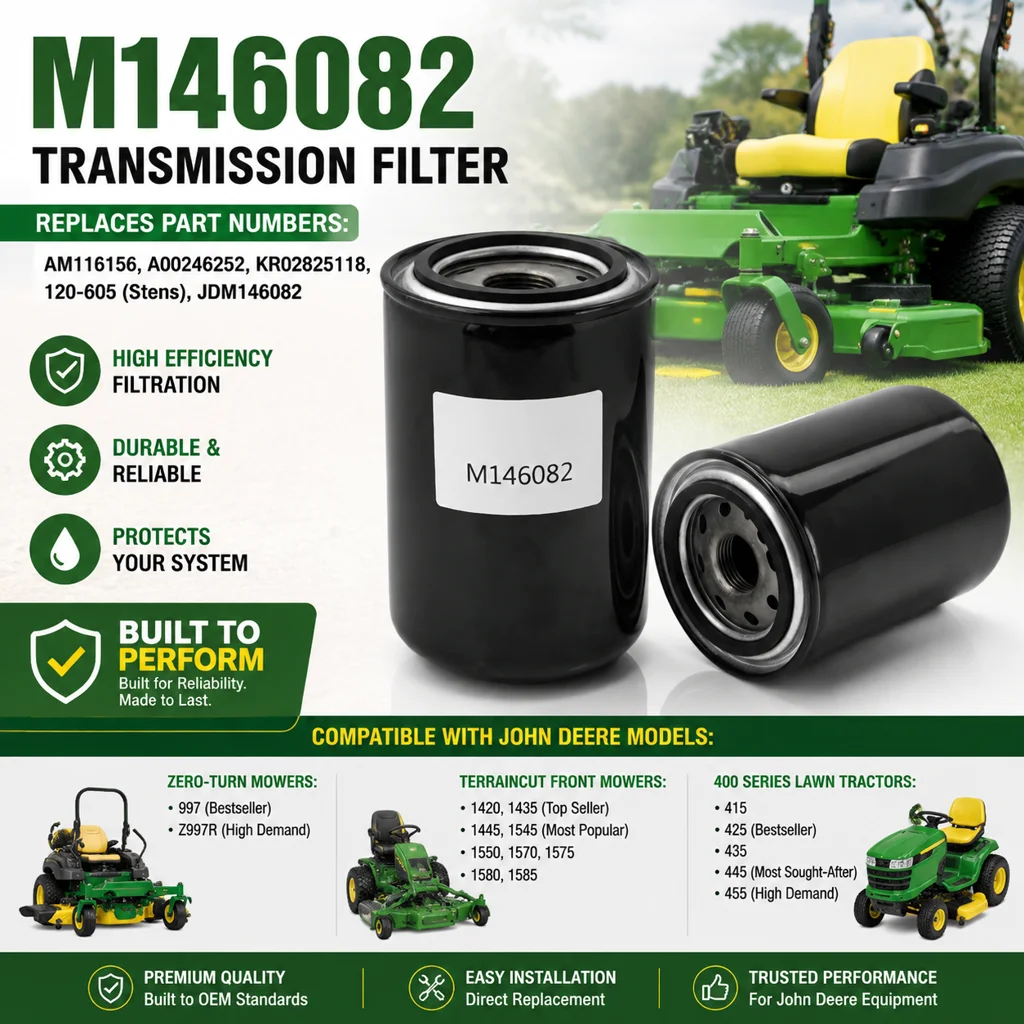 Filtro de Transmisión M146082, Reemplazo AM116156 KR02825118 para John Deere 997 Z997R 1420 1435 1545 425 445 455, Cortacésped, Tractor