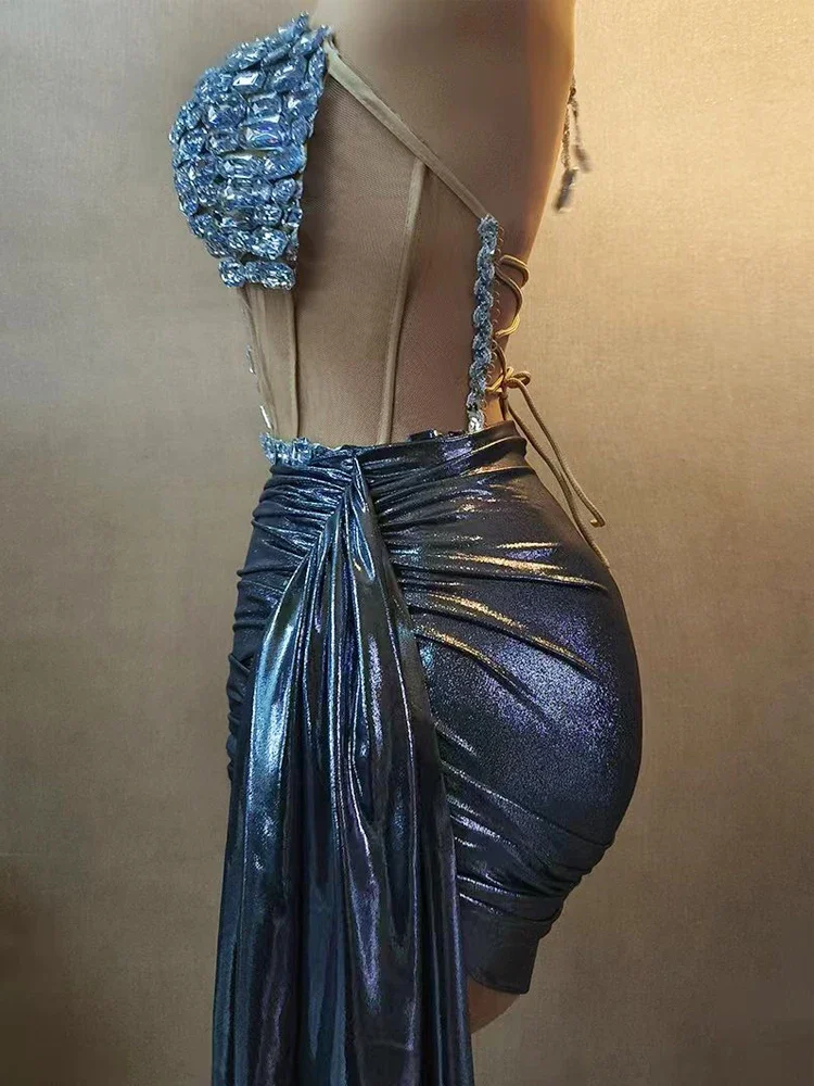 Sänger Tanz Performance Kostüm Bühne tragen funkelnde Strass Kleid Frauen Korsett Brust Spandex Nachtclub Abschluss ball Party Outfit