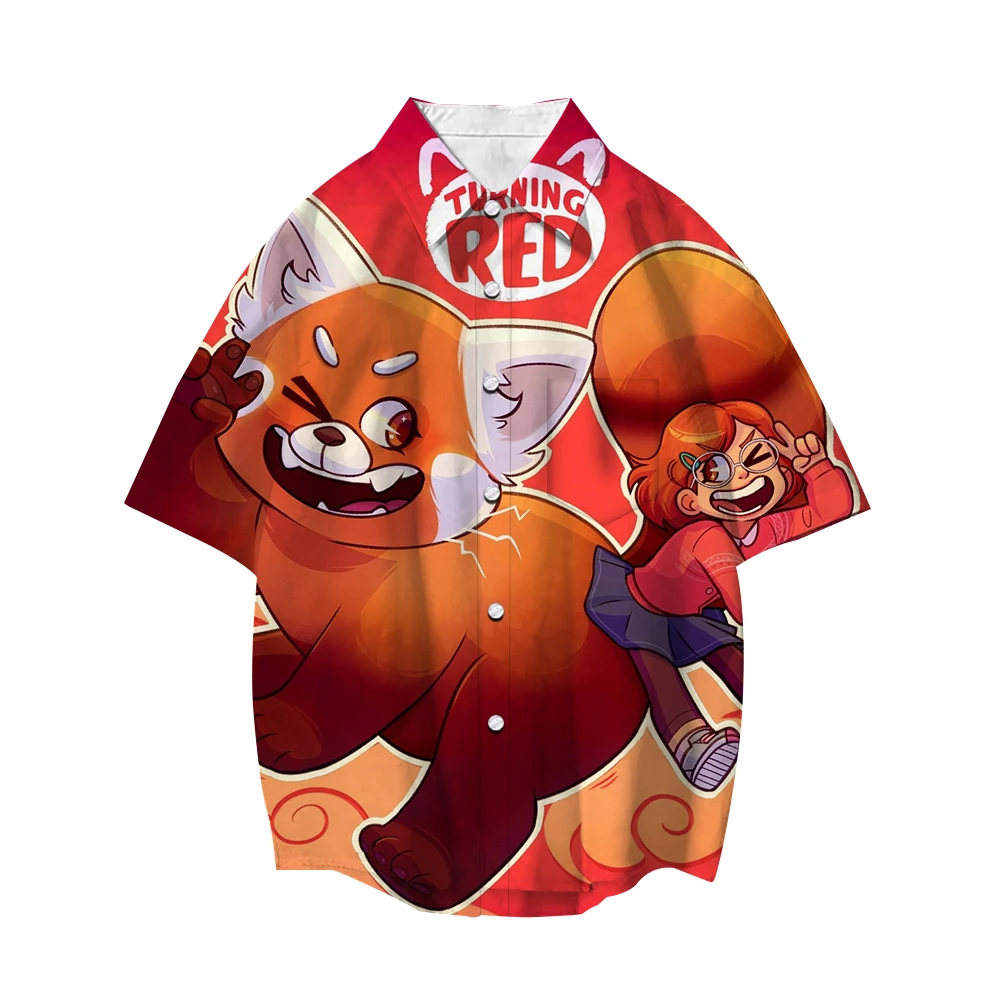 

Disney Turning Red Boys Girls 3D Shirts Cartoon Lapel Short Sleeve Casual Button Loose Shirt Men Women Street Tops