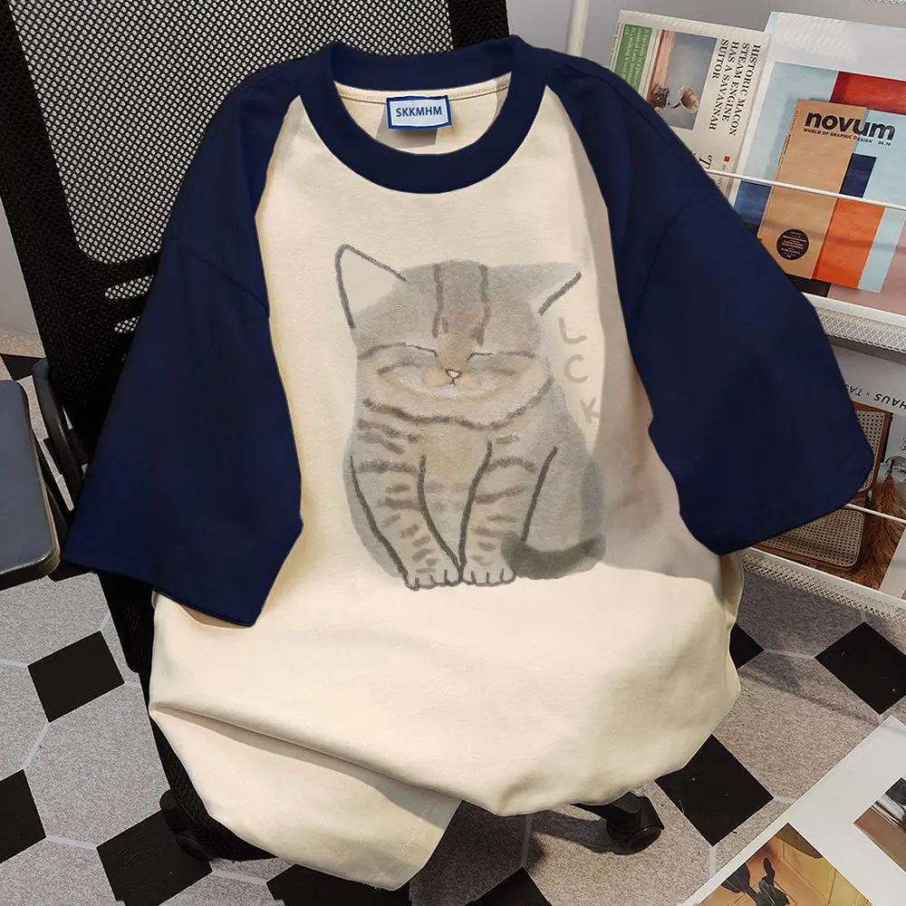 

100% pure cotton casual design loose and trendy kitten print raglan navy patchwork apricot round short-sleeved T-shirt for women