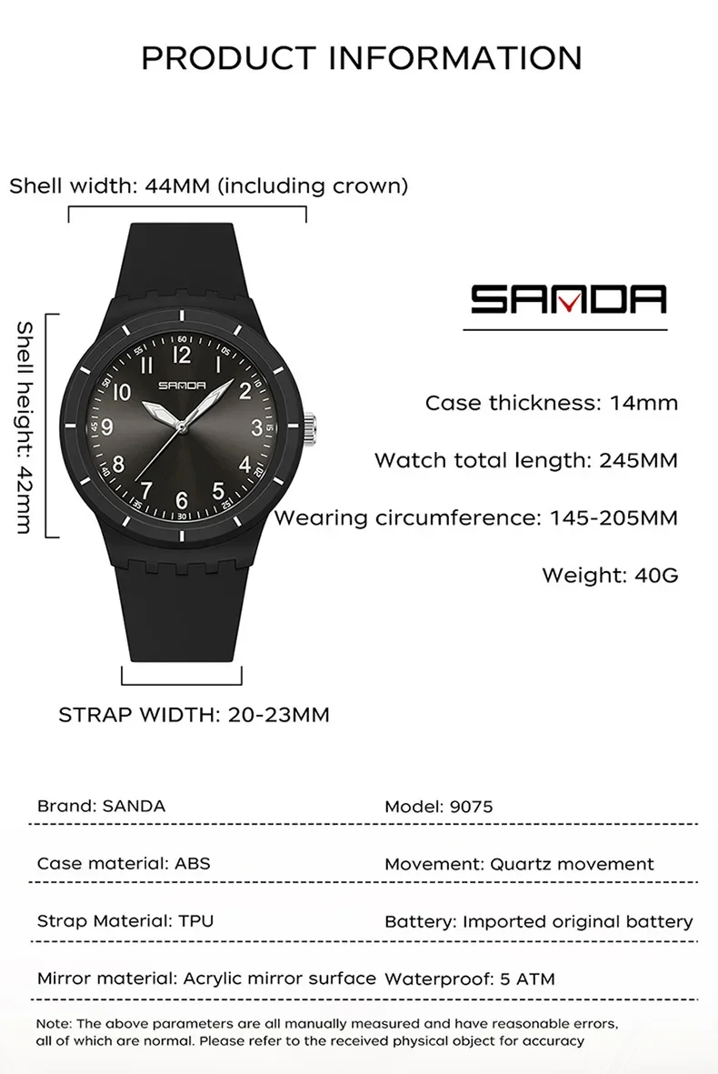 SANDA 9075 Quartz Watch For Man Woman Sport Waterproof Clock Simple Design Men's Wristwatch TPU Strap Watches