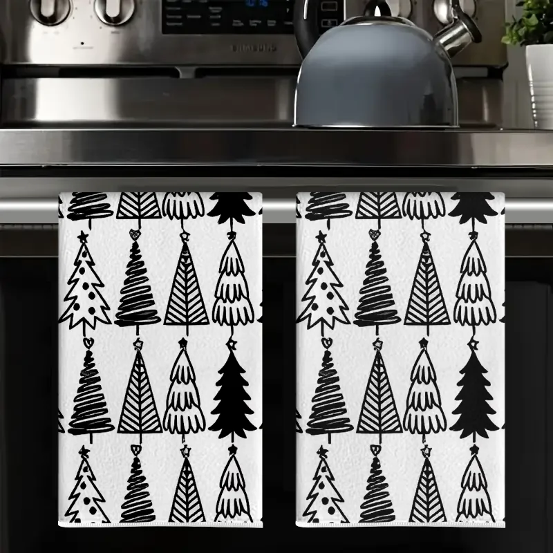 2Pcs, Black and White Christmas Tree Kitchen Towels, 40Cm*60Cm Towel Set, Super Absorbent Soft Cleaning Cloth, Cooking and Baking Tea Towel, Hand Towel, Cleaning Cloth, Dishcloth, Kitchen Decoration, Living Room Decoration, Kitchen Essentials, Home Essentials