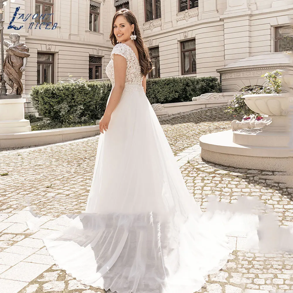 LAYOUT NICEB Clássico V-Neck Zipper Vestidos De Casamento 2024 Simples Mangas Curtas Lace Noiva Vestidos A Linha Apliques Vestidos De NoviaLAYOUT NICEB Clássico V-Neck Zipper Vestidos de Noiva 2024 Simples Mangas Curta