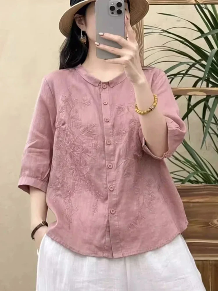 

Retro Artistic Flax Embroidered Shirt Women's Summer Thin Breathable Five-Sleeve Loose Slimming Top Casual Loose Fit Shirt
