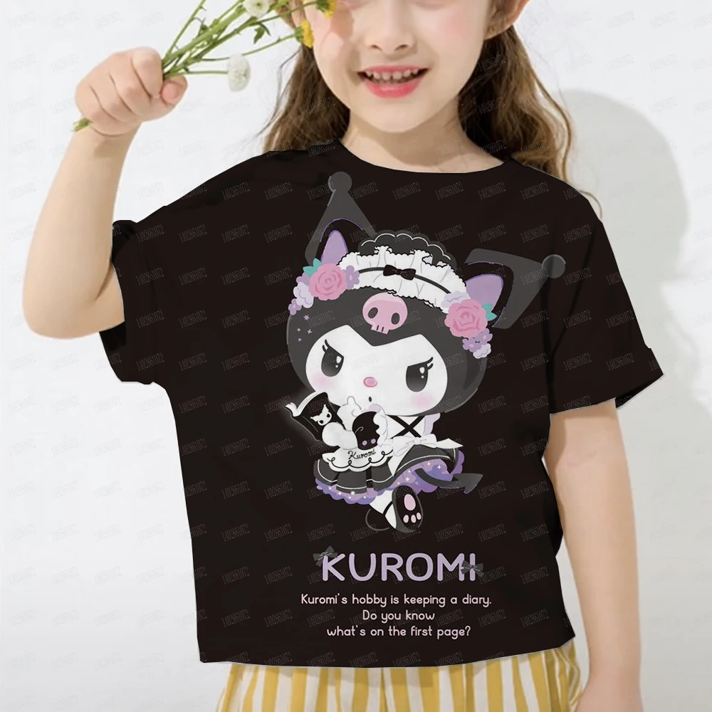 New Summer Girls T-shirt Fashion Cartoon Cute Cinnamon Cat and Hello Kitty 3D Printed T-shirt Children\'s Short Sleeve Kuromi