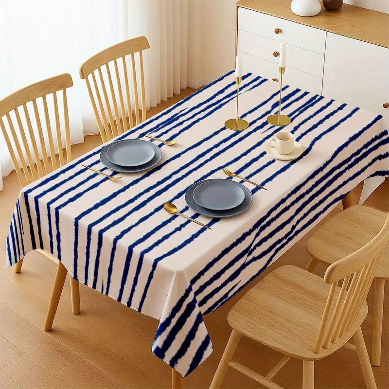 A soft, fashionable and attractive blue and white striped polyester tablecloth.