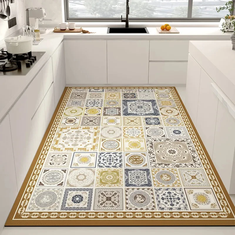 Retro Tile Pattern Floor Mat Kitchen Accessories Large Area Non-slip Carpet Mats Home Decoration Luxury Rug Entrance Doormat