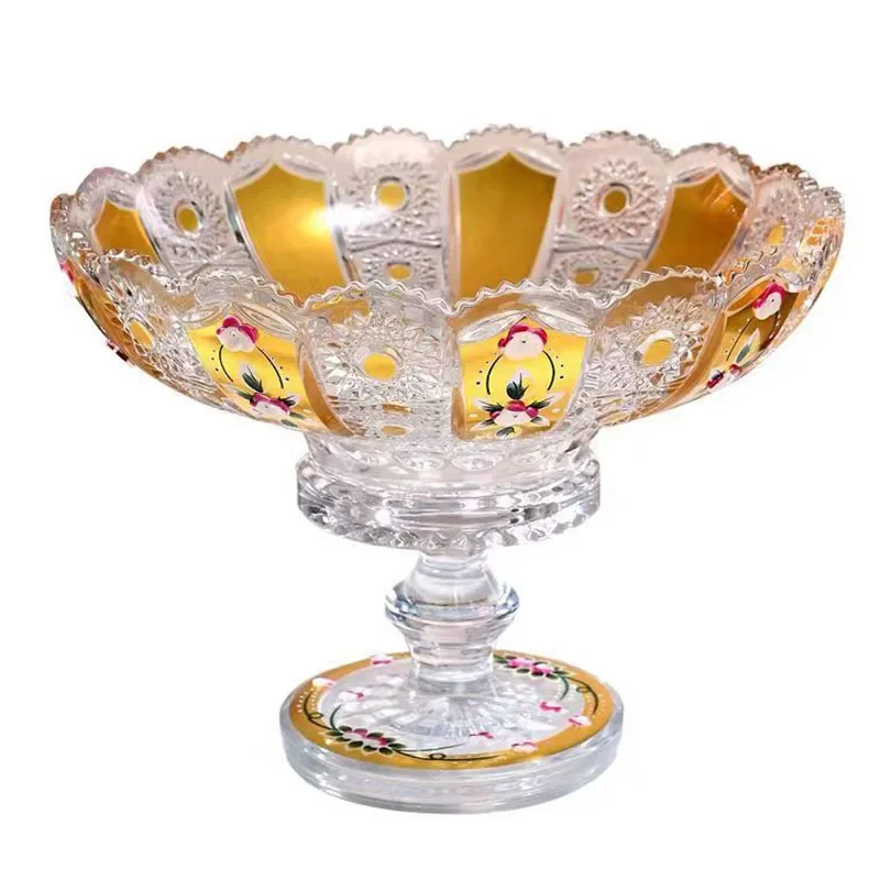 

Light luxury retro European sunflower pattern high-end series fruit plate, glass high-footed dried fruit snack plate