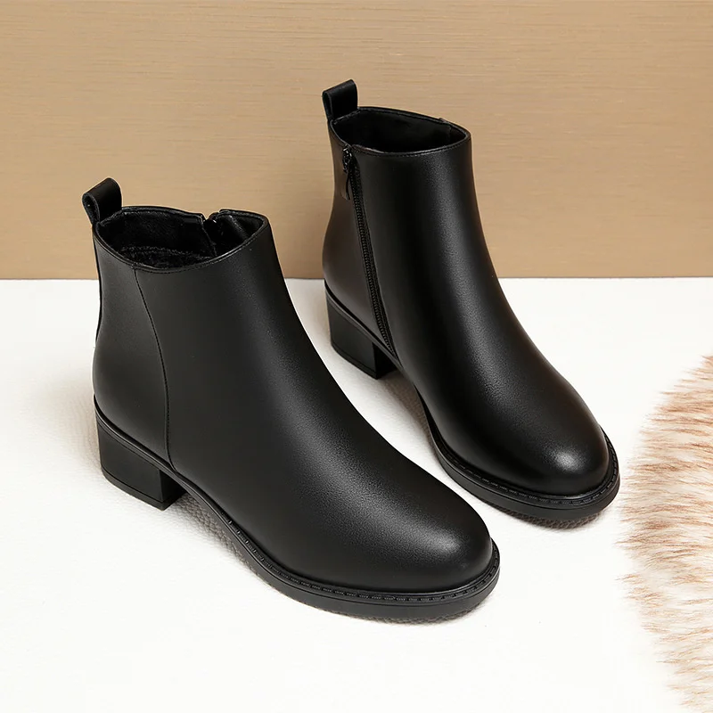 Winter Fashion Women Ankle Boots Mid Heels Dress Velvet Thick Heel Shoes Office Soft Sole Cotton Zipper Boots