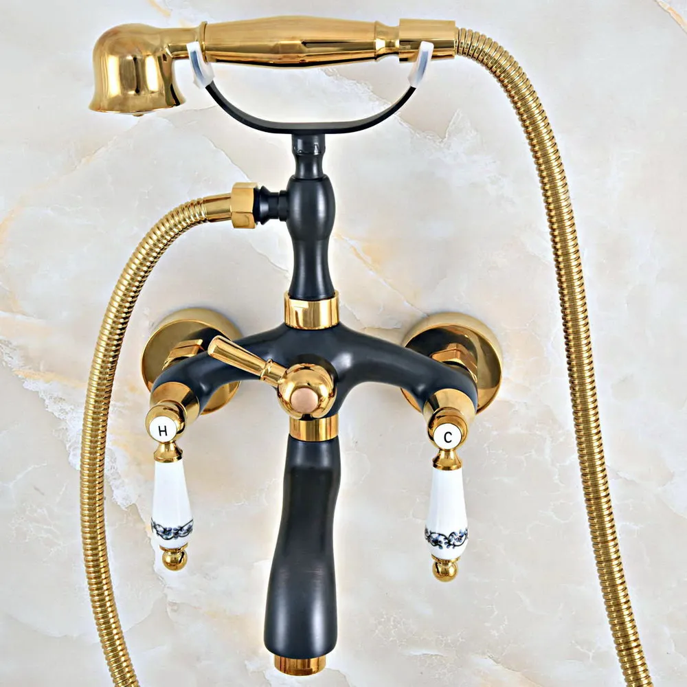 Black Oil Rubbed & Gold Brass Wall Mounted Bathroom Bath Tub Faucet Set WITH/ 150CM Handheld Shower Spray Head Mixer Tap Dna439