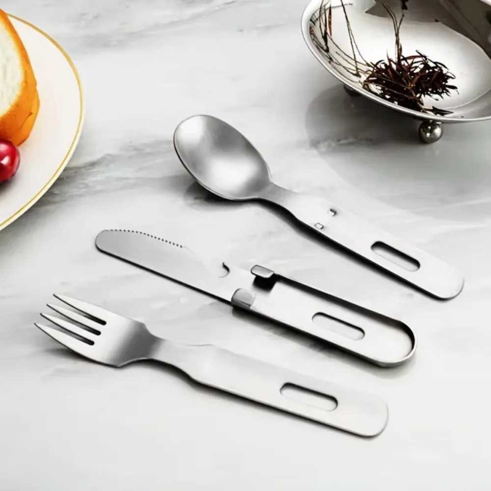 Portable Stainless Steel Tableware Fold Knife Utensil Spoon Set Spoon Fork Knife Dinnerware Camping Cooking Flatware Equipment