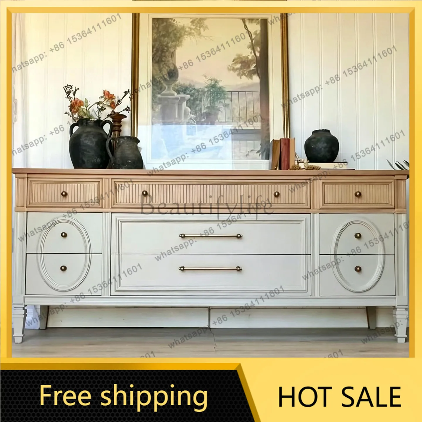 FG French retro solid wood nine-chest cabinet color matching drawer locker against the wall