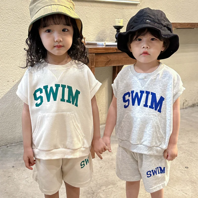 

2023 Summer Children Clothes Suit Letter Print Tee Casual Shorts 2Pcs Boys Sports Sets