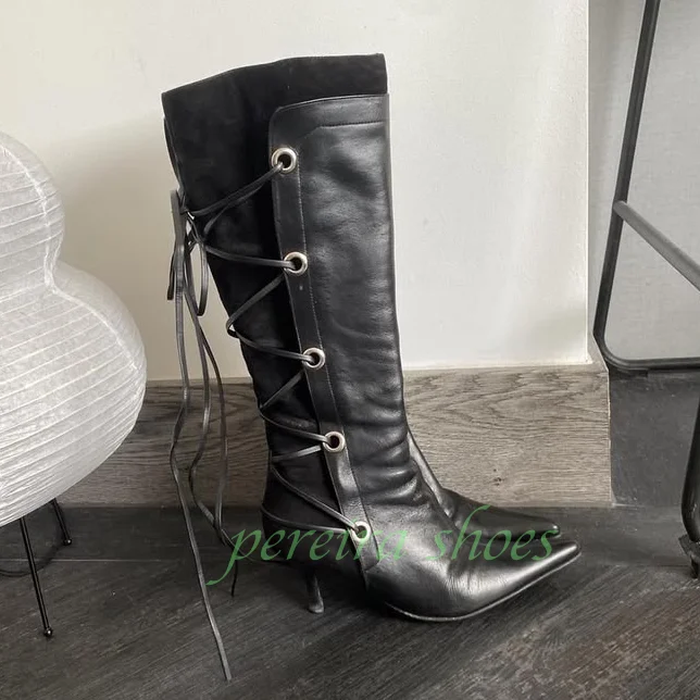 Black Pointed Toe Knee High Boots Back Lace-Up Corset Design Punk Leather Patchwork Women Fashion Party Gothic Knee High Boots