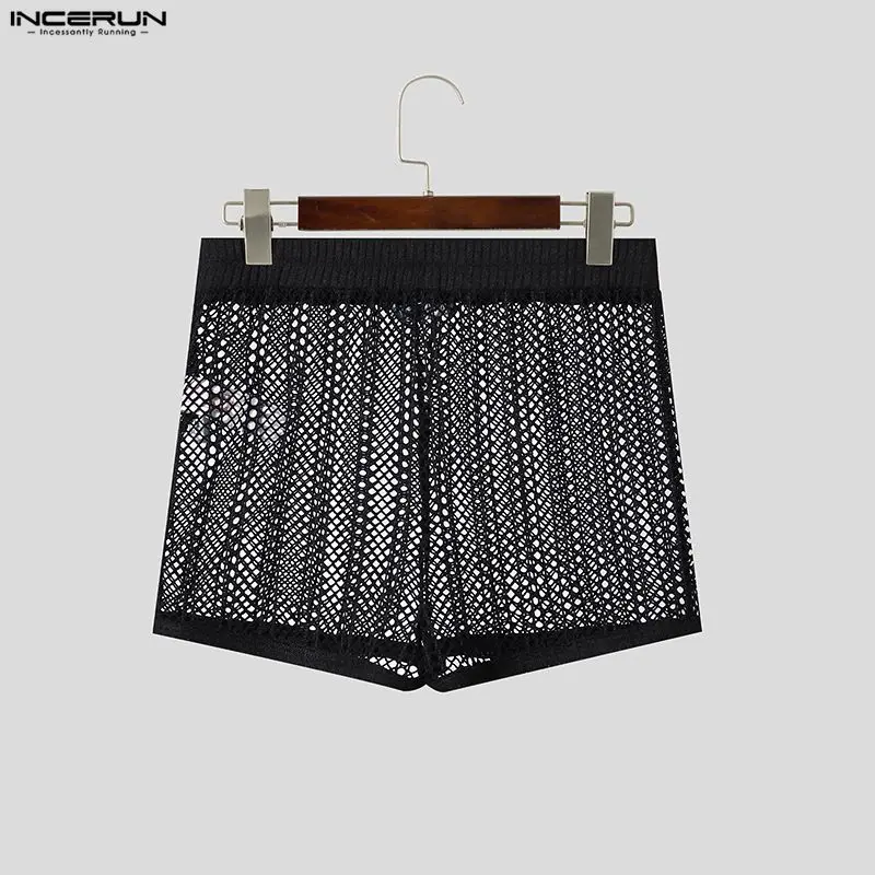 INCERUN Men Shorts Lace See Through Sexy Summer Homewear Men Bottoms 2026 Solid Elastic Waist Hollow Out Cozy Shorts For Man